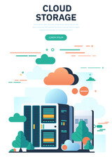 Wall Mural - hosting, cloud storage download flat vector illustration. big data. digital service or app with data