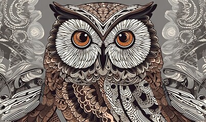 Poster -  an owl is sitting on a branch with a flower in its beak and eyes are drawn by hand with a pen and ink on a gray background.  generative ai