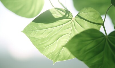  a close up of a green leaf on a plant with sunlight shining through the leaves on the back of the leaf is a blurry background.  generative ai