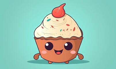 Wall Mural -  a cartoon cupcake with a cherry on top of it's head and a smiley face on it's face, with a blue background.  generative ai