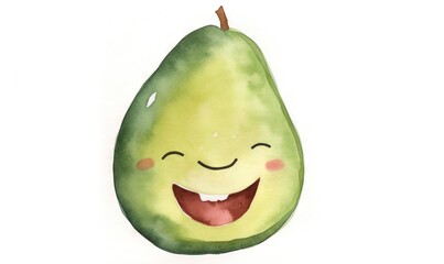 Poster -  a watercolor drawing of a smiling avocado with a smile on its face and a green leaf on its side, with a white background.  generative ai