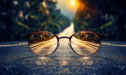 Poster -  a pair of glasses sitting on the side of a road in the middle of the day with the sun shining through the lens of the glasses.  generative ai