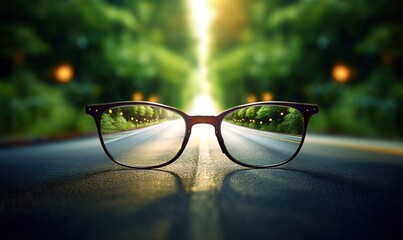 Wall Mural -  a pair of glasses sitting on the side of a road with trees in the background and a bright light coming through the lens of the glasses.  generative ai