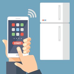 Poster - Frigorifero controllato tramite smartphone con wifi. Frigorifero bianco e telefono cellulare con app di controllo remoto wi-fi. Iot, concetto di Internet of Things. Illustrazione