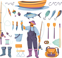 Fisherman tools. Fishing worker equipment, success fishermans tackle angler uniform profession gear fish net boots lure baits boat bucket knife hook, set recent vector illustration