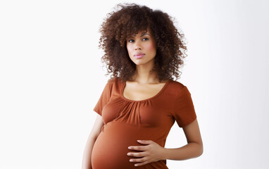 Studio portrait of pregnant black woman, close up with white background, Generative AI