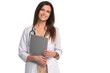 Smiling female medical worker in white coat isolated on transparent