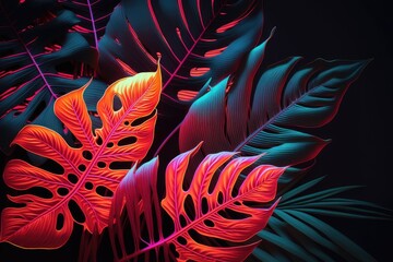 Poster - Tropical foliage illuminated with neon light. . Generative AI