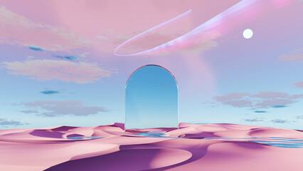 Wall Mural - 3d render surreal pastel landscape background with geometric shapes, abstract fantastic desert dune 