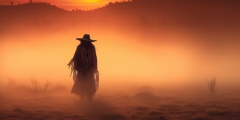 Wall Mural - AI Generated. AI Generative. Native american indian western chief apache warrior in the fog mist cinematic shot. Graphic Art