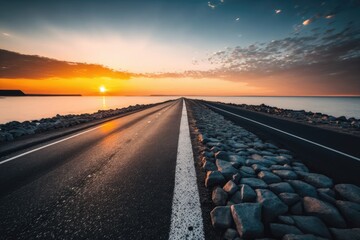 Canvas Print - Natural sunrise panorama of an empty asphalt road and the sea. Generative AI