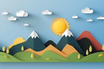 Simple paper cut style landscape illustration with mountains, blue sky and sun, AI generated