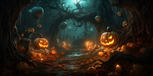 Spooky Halloween Forest Scene With Pumpkins.