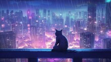 Cat Look Out At A City Night Lit Balcony Synthwave Style, Lofi Music