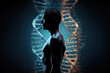 Human body silhouette and DNA helix. Biotechnologies and human genomic code concept. Created with Generative AI