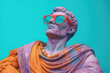 Gypsum statue in sunglasses on colored abstract background. Creative aesthetic contemporary art collage. Fashion wallpaper. Created with Generative AI