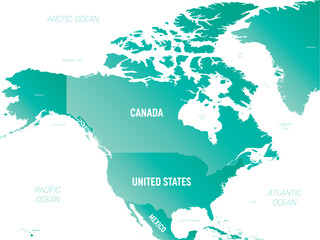 Poster - North America - high detailed political map North American continent with country, ocean and sea names labeling.