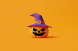Jack-o-Lantern pumpkins wearing witch hat on orange background. Happy Halloween concept. Traditional october holiday. 3d rendering illustration