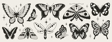 Butterfly Seventh Set Of Black And White Wings In The Style Of Wavy Lines And Organic Shapes. Y2k Aesthetic, Tattoo Silhouette, Hand Drawn Stickers. Vector Graphic In Trendy Retro 2000s Style.