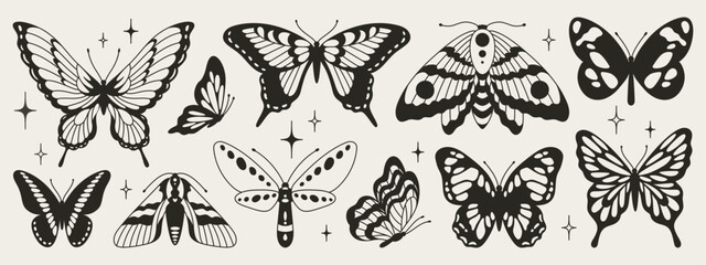 Butterfly seventh set of black and white wings in the style of wavy lines and organic shapes. Y2k aesthetic, tattoo silhouette, hand drawn stickers. Vector graphic in trendy retro 2000s style.