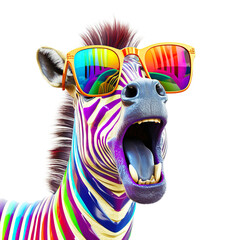 Cartoon colorful zebra with sunglasses on white background. Created with generative AI