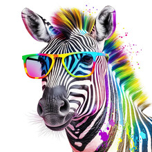 Cartoon Colorful Zebra With Sunglasses On White Background. Created With Generative AI