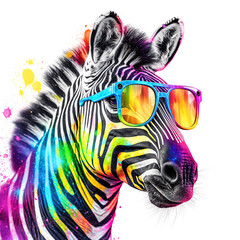 Wall Mural - cartoon colorful zebra with sunglasses on white background. created with generative ai