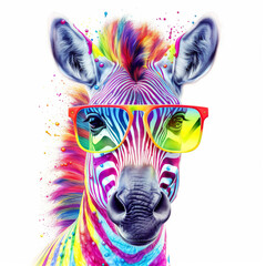 Wall Mural - cartoon colorful zebra with sunglasses on white background. created with generative ai