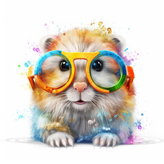 Wall Mural - cartoon colorful hamster with sunglasses on white background. created with generative ai