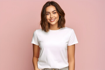 Wall Mural - Young woman wearing bella canvas white shirt mockup, at pink background. Design tshirt template, print presentation mock-up. AI generated.