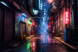 Fototapeta Uliczki - City alleyway with neon lights. Night view of a quiet street. Generative AI
