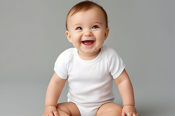 Wall Mural - Baby wearing white shirt bodysuit mockup, at gray background. Design onesie template, print presentation mock-up. AI generated.