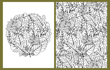 Wall Mural - Doodle leaves coloring pages set in US Letter format. Black and white nature background templates for coloring book. Vector illustration