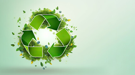 Wall Mural - Green recycle symbol made out of leaves, nature's elements, white background with copy space. AI generated