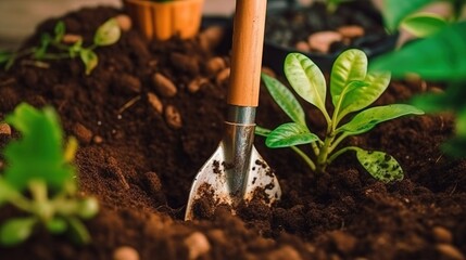 a shovel in dirt with a plant in it. Generative AI Art.