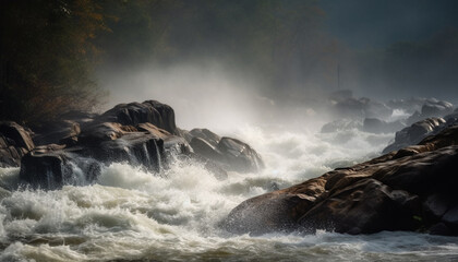 Canvas Print - Beauty in nature Wave splashing on wet rock, seascape adventure generated by AI