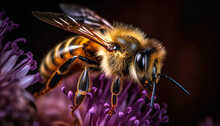 Busy Honey Bee Collecting Pollen From Purple Flower In Nature Generated By AI