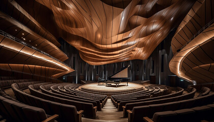 Canvas Print - Modern auditorium with illuminated stage, empty chairs, and futuristic design generated by AI