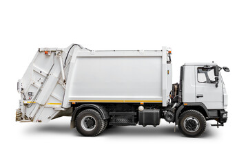 white modern truck for garbage disposal isolated with clipping path. transparent png image.