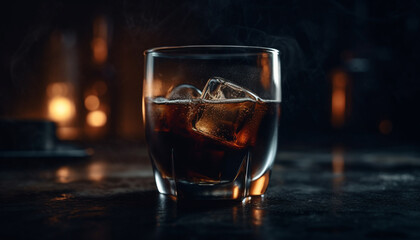 Poster - Whiskey glass on wood table, ice drop, dark background generated by AI