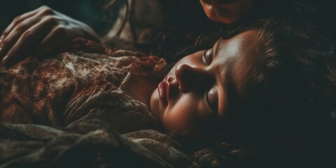 Poster - A woman holding a baby sleeping on top of a bed. Generative AI image.