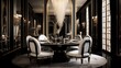 Interior design inspiration of Art Deco Glamorous style home dining room loveliness decorated with Glass and Velvet material and Mirrored Wall .Generative AI home interior design .