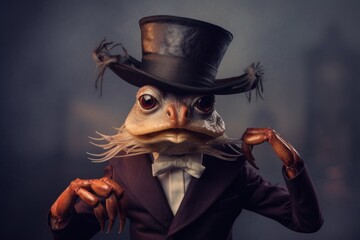 Canvas Print - A frog wearing a top hat and a suit. Generative AI image.