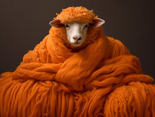 Sheep Covered With Orange Knitwear Made From Its Own Wool, AI Generated Concept