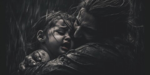 Poster - A woman hugging a child in the rain. Generative AI image.