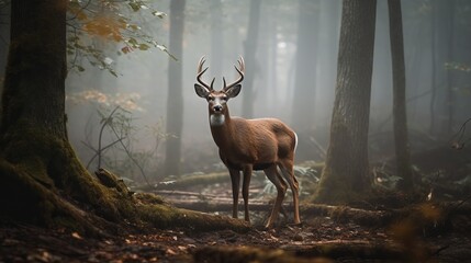 a buck in the foggy forest. generative ai.