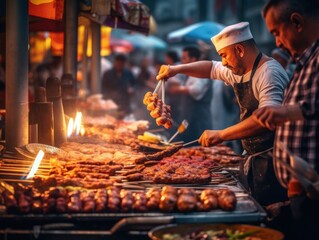 Canvas Print - A man is cooking food on a grill. Generative AI image.