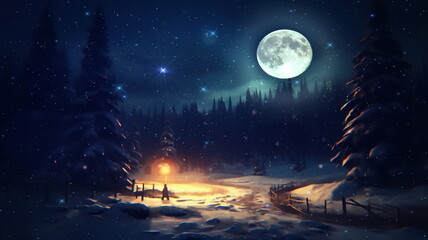 Wall Mural - christmas winter forest trees covered by snow ,starry sky and big moon fairy tale fantasy,generated 