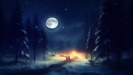 Wall Mural -  Christmas winter forest trees covered by snow ,starry sky and big moon fairy tale fantasy,generated ai