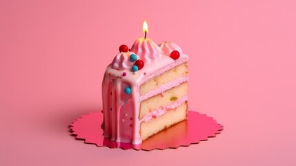 Slice of Birthday Cake with candle over a pink background. Generative AI